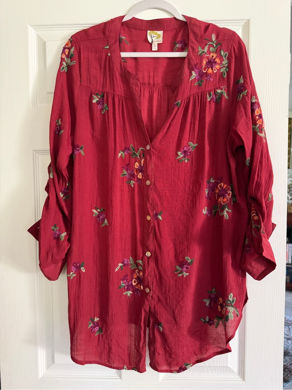 fig and flower Red Floral-Embroidered Button-Down Tunic